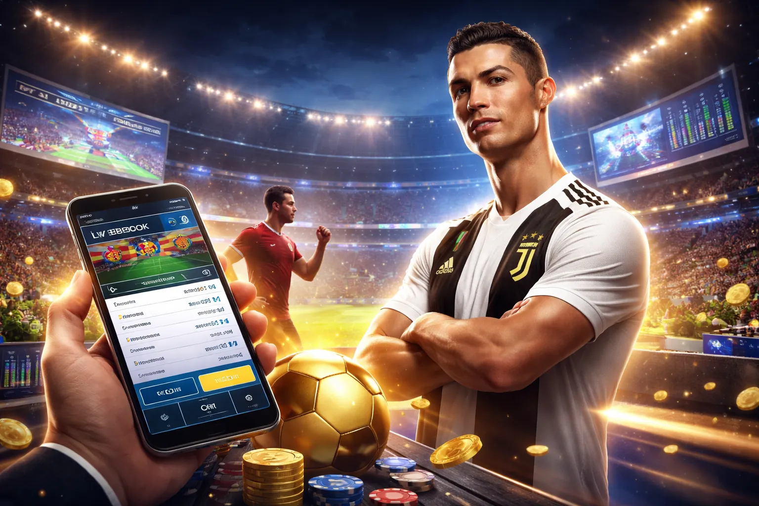 Sân vận động bóng đá rộng lớn với logo r888 bet và các cầu thủ đang thi đấu sôi nổi